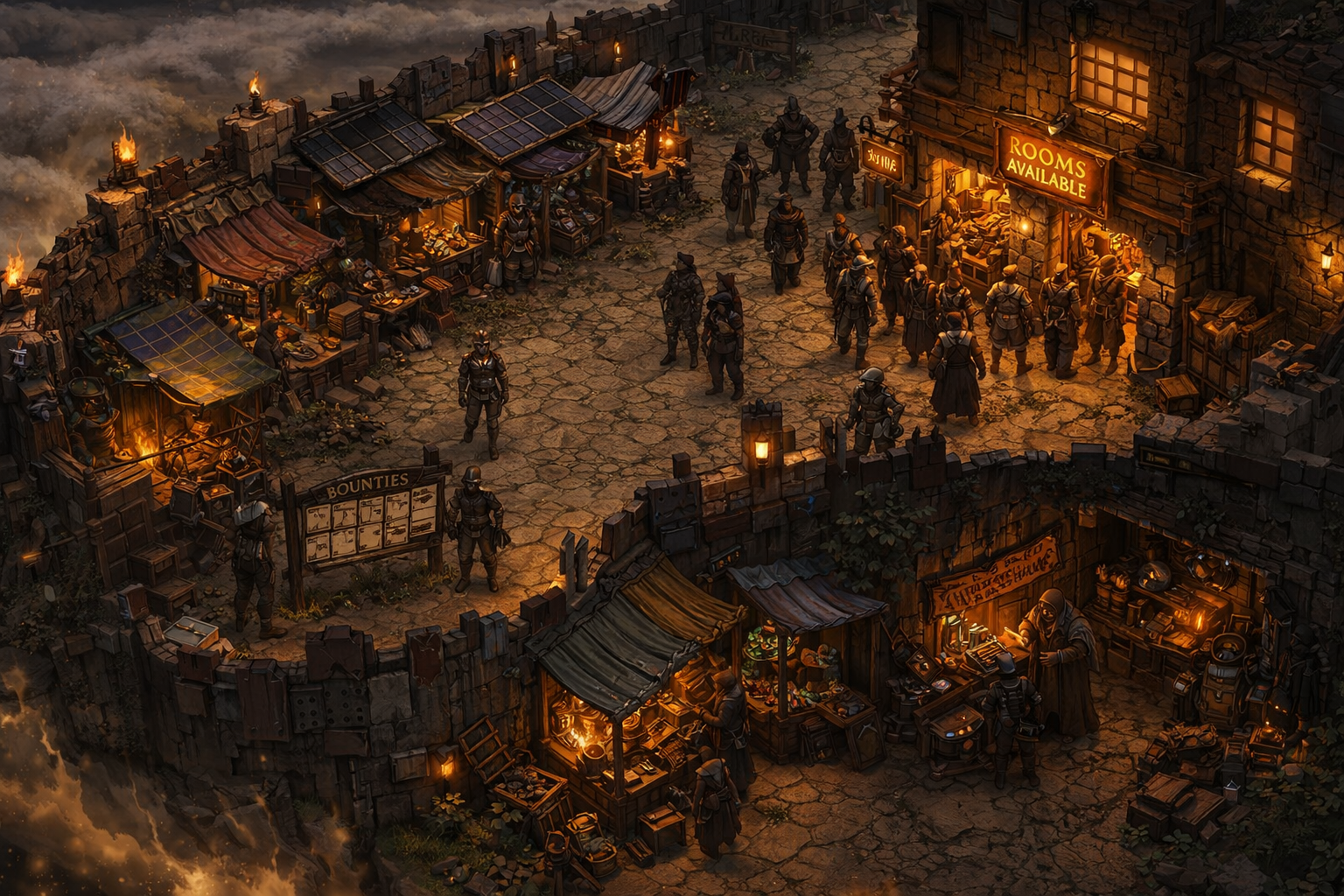 Ashfall island settlement with bounty boards and inns at nightfall